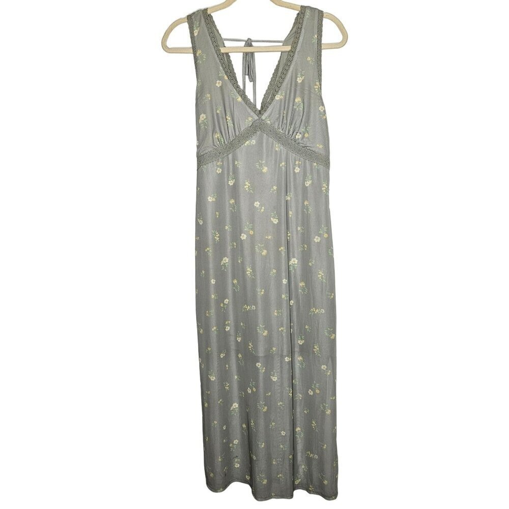 Stitch &‎ Pine Floral Midi Dress L Green Polyester/Spandex Sleeveless Lace Trim